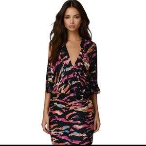 Cache Multi colored faux wrap dress w/belt detail in sz S. Stretchy.